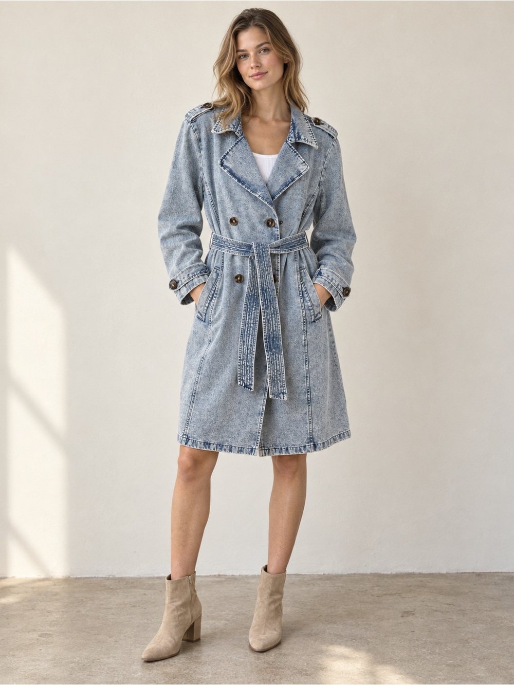 Stoosh Vintage Denim Acid Wash Belted Trench Coat Dress XL - Picture 12 of 12